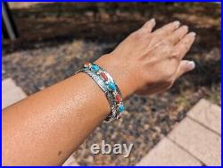 Navajo Turquoise Coral Bracelet Native American Sterling Silver Jewelry Signed