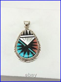 Nice Signed Sterling Silver Mulitstone Inlay Zuni Native American Indian Pendant