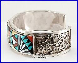 Nice Signed Sterling Silver Multistone Zuni Native American Indian Bracelet Cuff