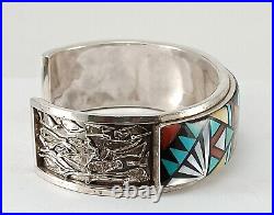 Nice Signed Sterling Silver Multistone Zuni Native American Indian Bracelet Cuff