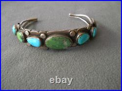 OLD Native American Navajo Multi-Color Turquoise Row Sterling Silver Bracelet