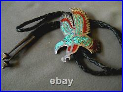 OLD Native American Turquoise & Coral Chip Inlay Sterling Silver Eagle Bolo Tie