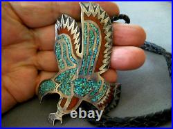 OLD Native American Turquoise & Coral Chip Inlay Sterling Silver Eagle Bolo Tie