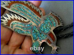 OLD Native American Turquoise & Coral Chip Inlay Sterling Silver Eagle Bolo Tie