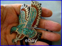 OLD Native American Turquoise & Coral Chip Inlay Sterling Silver Eagle Bolo Tie