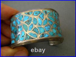 OLD Native American Zuni Rich Blue Fish Scale Inlay Sterling Silver Bracelet