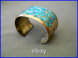 OLD Native American Zuni Rich Blue Fish Scale Inlay Sterling Silver Bracelet