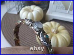 Odd Native American Silver Copper Brass Chain Bracelet Cuff Turquoise Jewelry