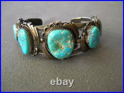 Old Heavy-Gauge Native American Navajo Turquoise Nugget Sterling Silver Bracelet