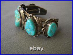 Old Heavy-Gauge Native American Navajo Turquoise Nugget Sterling Silver Bracelet