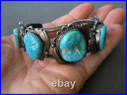 Old Heavy-Gauge Native American Navajo Turquoise Nugget Sterling Silver Bracelet