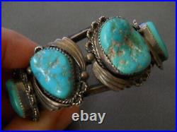 Old Heavy-Gauge Native American Navajo Turquoise Nugget Sterling Silver Bracelet