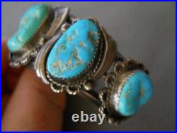 Old Heavy-Gauge Native American Navajo Turquoise Nugget Sterling Silver Bracelet