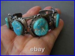 Old Heavy-Gauge Native American Navajo Turquoise Nugget Sterling Silver Bracelet