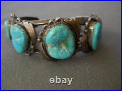 Old Heavy-Gauge Native American Navajo Turquoise Nugget Sterling Silver Bracelet