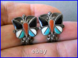 Old Native American Multi-Stone Butterfly Inlay Sterling Silver Clip Earrings