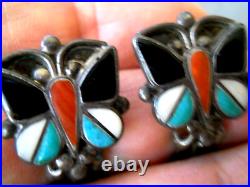 Old Native American Multi-Stone Butterfly Inlay Sterling Silver Clip Earrings