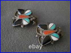 Old Native American Multi-Stone Butterfly Inlay Sterling Silver Clip Earrings