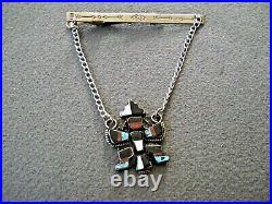 Old Native American Multi-Stone Inlay Sterling Silver Knifewing Kachina Tie Bar