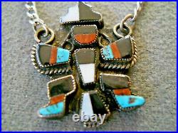 Old Native American Multi-Stone Inlay Sterling Silver Knifewing Kachina Tie Bar