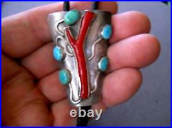 Old Native American Navajo Branch Coral & Turquoise Sterling Silver Bolo Tie