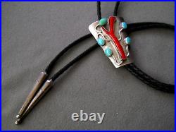 Old Native American Navajo Branch Coral & Turquoise Sterling Silver Bolo Tie