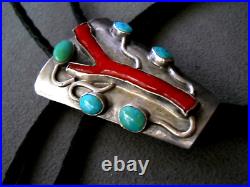 Old Native American Navajo Branch Coral & Turquoise Sterling Silver Bolo Tie