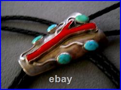 Old Native American Navajo Branch Coral & Turquoise Sterling Silver Bolo Tie