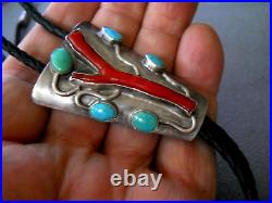 Old Native American Navajo Branch Coral & Turquoise Sterling Silver Bolo Tie