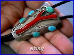 Old Native American Navajo Branch Coral & Turquoise Sterling Silver Bolo Tie