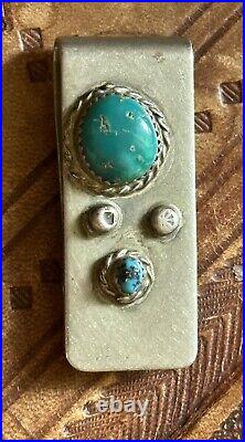 Old Pawn Native American Money Clip Fox/Morenci Turquoise Silver