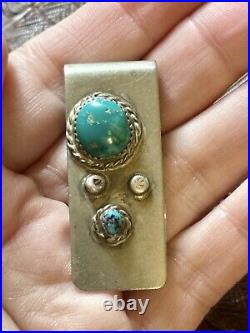 Old Pawn Native American Money Clip Fox/Morenci Turquoise Silver