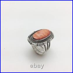 Orange Spiny Oyster Sterling Silver Ring Signed RCC Native American Size 7 Oval