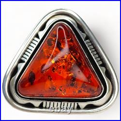 Outstanding Native American Navajo Signed Large Sterling Silver Amber Ring SZ 7