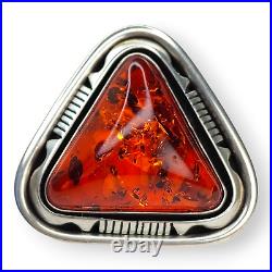 Outstanding Native American Navajo Signed Large Sterling Silver Amber Ring SZ 7