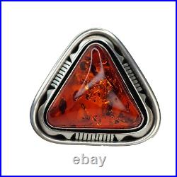 Outstanding Native American Navajo Signed Large Sterling Silver Amber Ring SZ 7