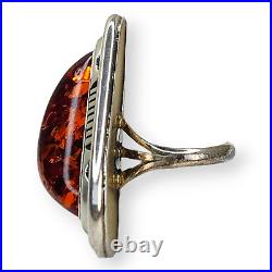 Outstanding Native American Navajo Signed Large Sterling Silver Amber Ring SZ 7