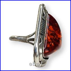 Outstanding Native American Navajo Signed Large Sterling Silver Amber Ring SZ 7