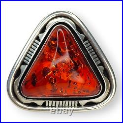 Outstanding Native American Navajo Signed Large Sterling Silver Amber Ring SZ 7