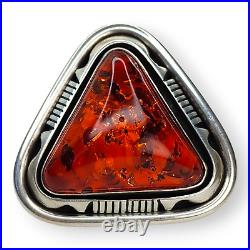 Outstanding Native American Navajo Signed Large Sterling Silver Amber Ring SZ 7