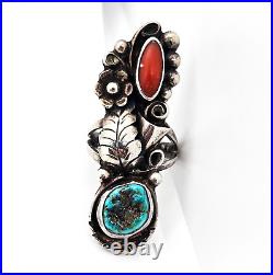 Phil Chapo turquoise coral Navajo Native American Sterling silver ring size 8