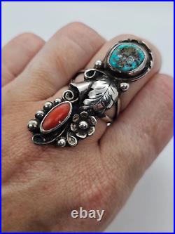 Phil Chapo turquoise coral Navajo Native American Sterling silver ring size 8