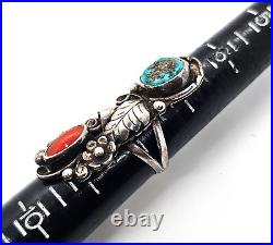 Phil Chapo turquoise coral Navajo Native American Sterling silver ring size 8