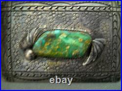 R H BEGAY Native American Royston Turquoise Sterling Silver Stamped Belt Buckle