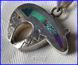 Ray Tracey Inlay Turquoise Coral Sugilite Heartline Bear Sterling Silver Pendant