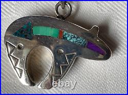 Ray Tracey Inlay Turquoise Coral Sugilite Heartline Bear Sterling Silver Pendant