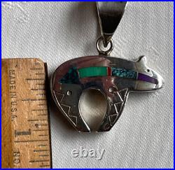 Ray Tracey Inlay Turquoise Coral Sugilite Heartline Bear Sterling Silver Pendant