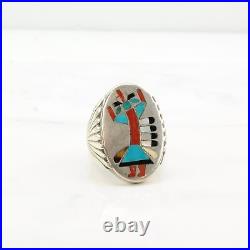 Ring Native American Silver Turquoise Inlay Rain Dancer Sterling Size 11 3/4