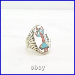 Ring Native American Silver Turquoise Inlay Rain Dancer Sterling Size 11 3/4