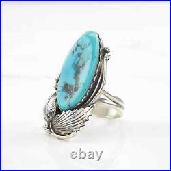 Ring Native American Silver Turquoise Leaf, Feather Sterling Size 7